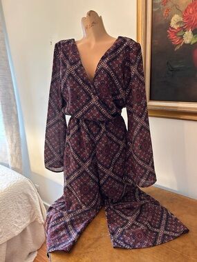 Women's Burgundy Patterned Wrap Jumpsuit